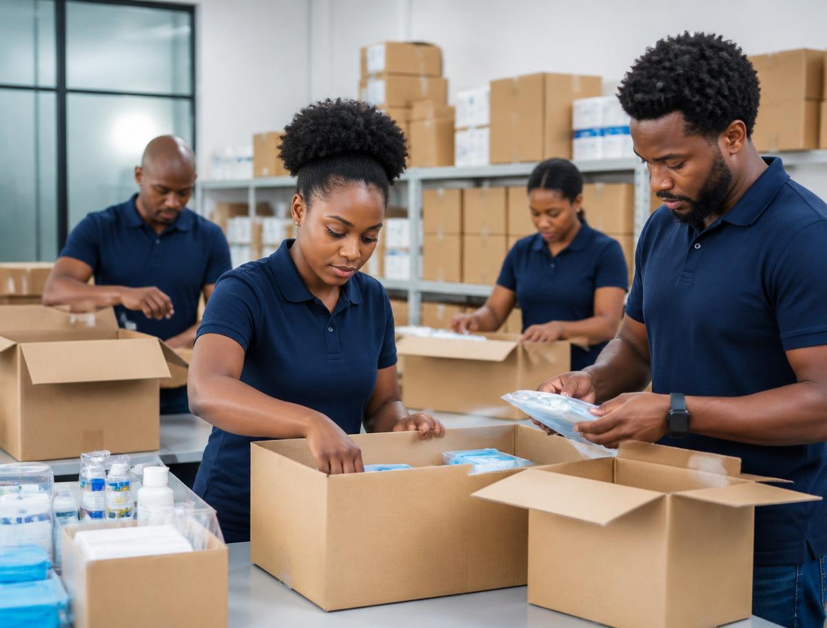 Équipe logistique Medi+ Caraïbes préparant des commandes de matériel médical à Jarry